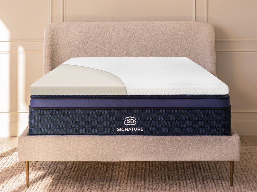 Cutaway view of the 4 lb Memory Foam Mattress Topper placed on a bed showing foam layer construction.
