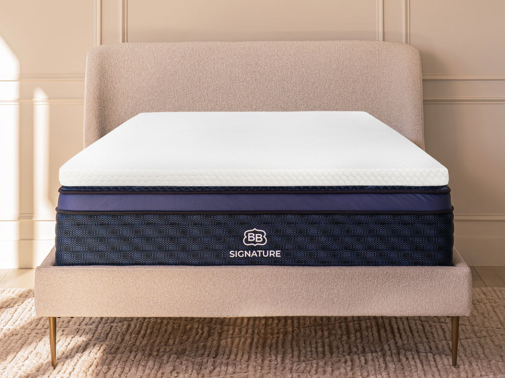 4 lb Memory Foam Mattress Topper placed on a mattress in a bedroom setting.”