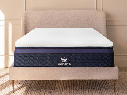 Memory foam mattress topper placed on a bed with upholstered headboard in a bedroom setting.