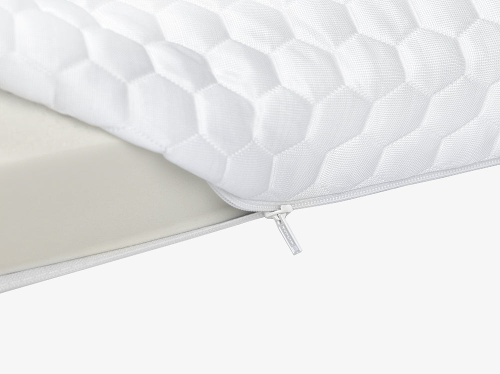 Close-up of the 4 lb Memory Foam Mattress Topper quilted cover with zipper closure.