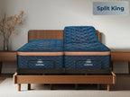 Two Aurora Luxe Cooling mattresses on split Ascension® Ultra Adjustable Power Bases in a wood bed frame, with one side raised and a “Split King” label in the corner.