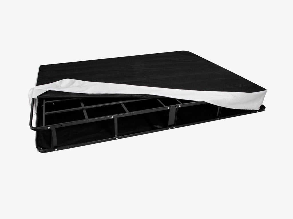 Brooklyn Bedding Ascension® Bi‑Fold Foundation angled with cover off corner