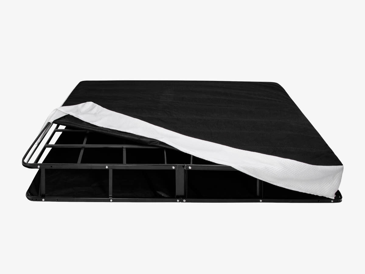 Brooklyn Bedding Ascension® Bi‑Fold Foundation with cover off corner showing metal
