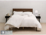 lifestyle room scene of Brooklyn Bedding Cotton Blend Duvet Cover Set
with badge "Year Round Comfort"