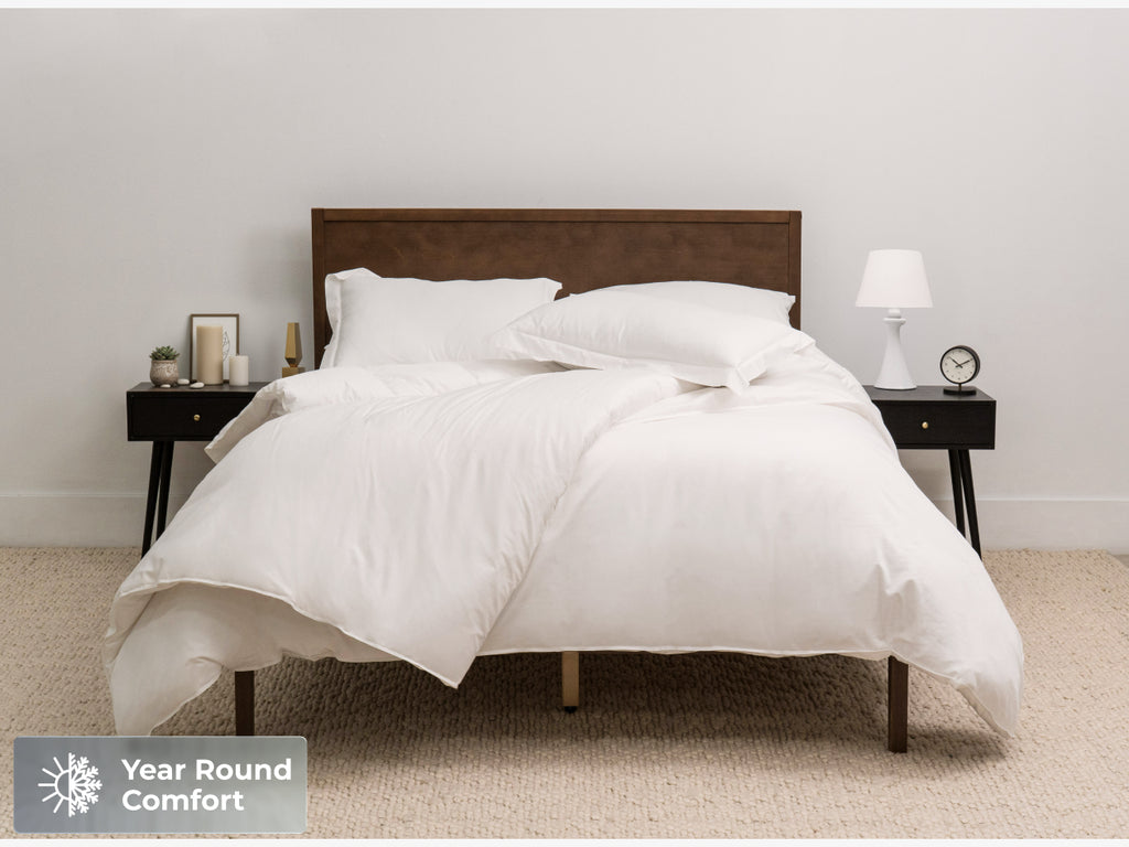 lifestyle room scene of Brooklyn Bedding Cotton Blend Duvet Cover Set
with badge "Year Round Comfort"