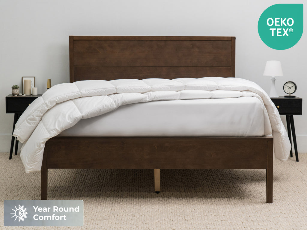 Brooklyn Bedding All‑Season Alt‑Down Duvet Insert bedroom scene with two badges " OEKOTEX" and "Year Round Comfort"