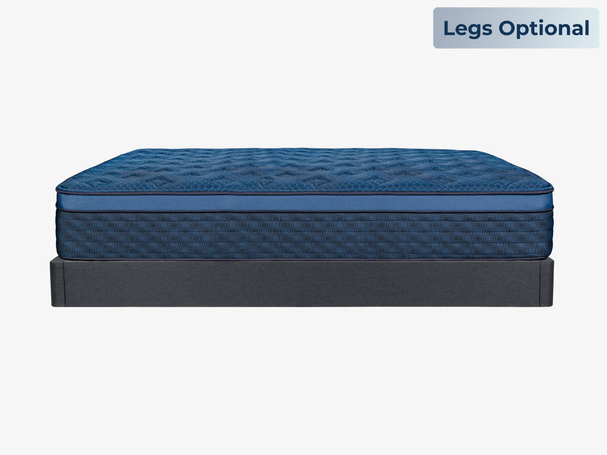 Brooklyn Bedding The Foundation no legs, badge reads "legs optional", Brooklyn Bedding Signature Hybrid sits on top, side view