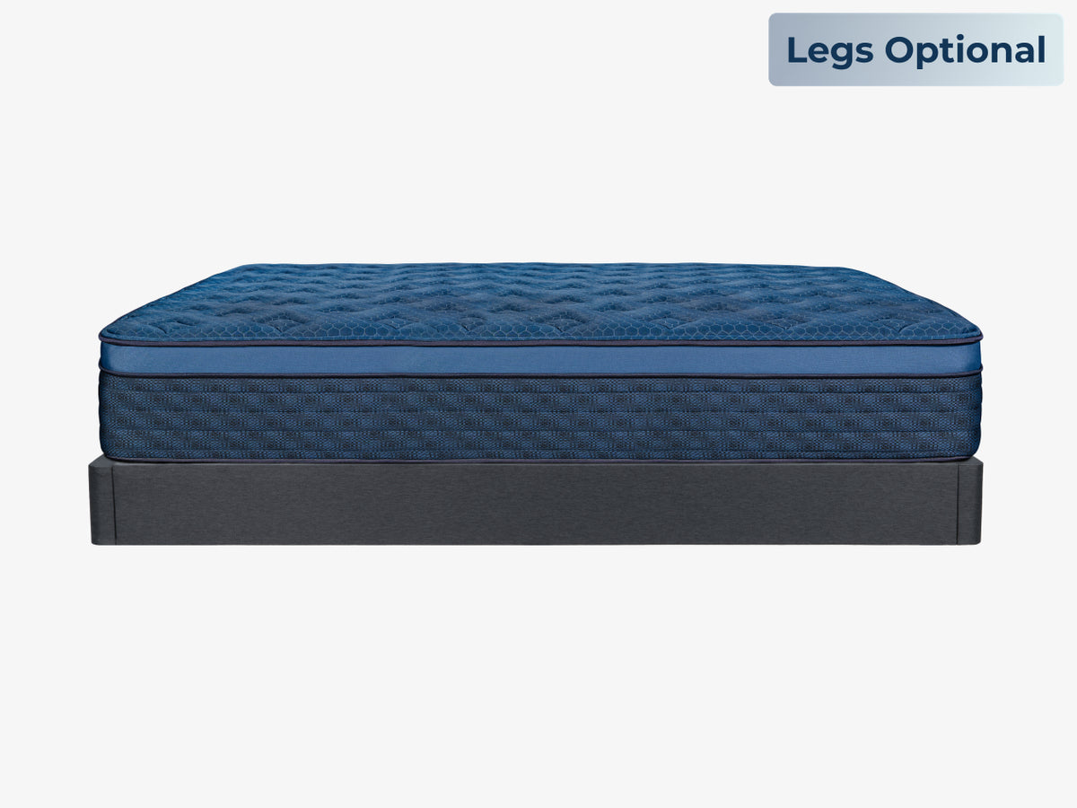 Brooklyn Bedding The Foundation no legs, badge reads "legs optional", Brooklyn Bedding Signature Hybrid sits on top, side view