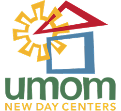 Logo of umom New Day Centers with colorful abstract shapes on a white background