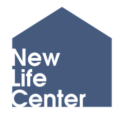 Logo of New Life Center with a blue house-like shape on a white background