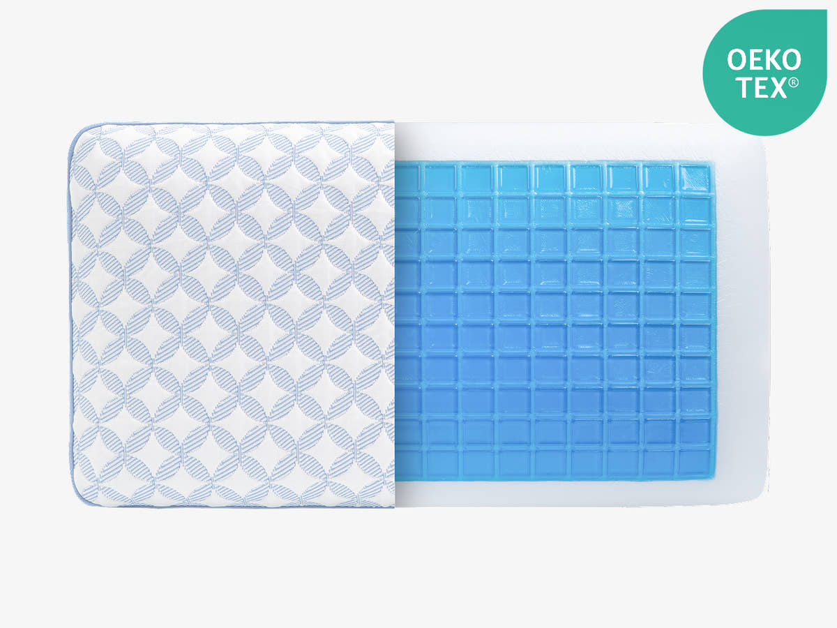 Brooklyn Bedding Luxury Cooling Gel Memory Foam Pillow cut out with gel showing, badge reads "OEKO TEX"