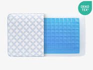 Brooklyn Bedding Luxury Cooling Gel Memory Foam Pillow cut out with gel showing, badge reads "OEKO TEX"