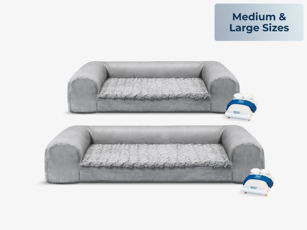 Two gray Brooklyn Bedding pet beds in medium and large sizes with small mattress-shaped squeak toys beside them. Text reads “Medium & Large Sizes.”