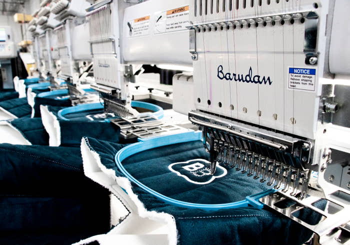 Embroidery machines in operation