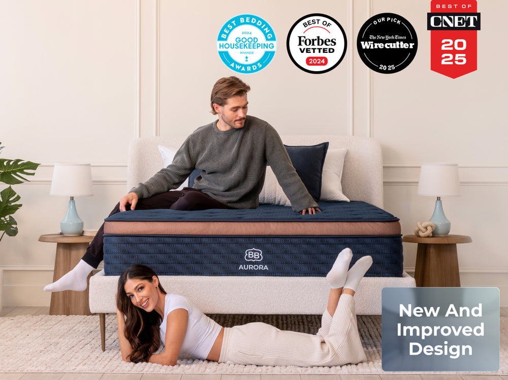 Aurora mattress with award badges and press recognition
