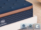 Close-up of the Brooklyn Bedding Aurora Luxe Cooling mattress corner with badges reading “Fiberglass Free,” “GREENGUARD Gold,” and “CertiPUR-US.”