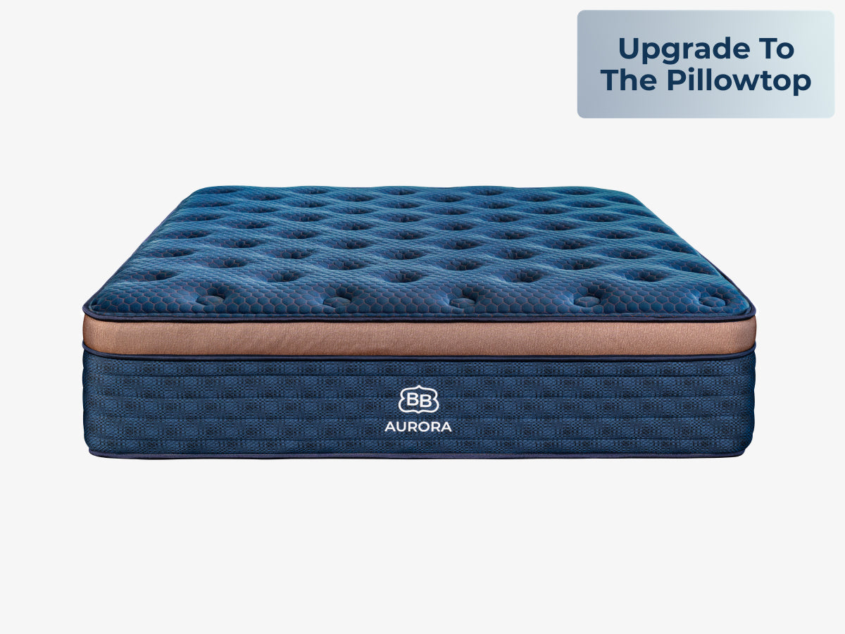 Front view of the Brooklyn Bedding Aurora Luxe Cooling pillow top mattress on a light gray background with a badge reading “Upgrade To The Pillowtop.”