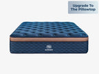 Close-up of the quilted blue pillow top surface on the Brooklyn Bedding Aurora Luxe Cooling mattress, with an “Upgrade To The Pillowtop” text box in the upper right.