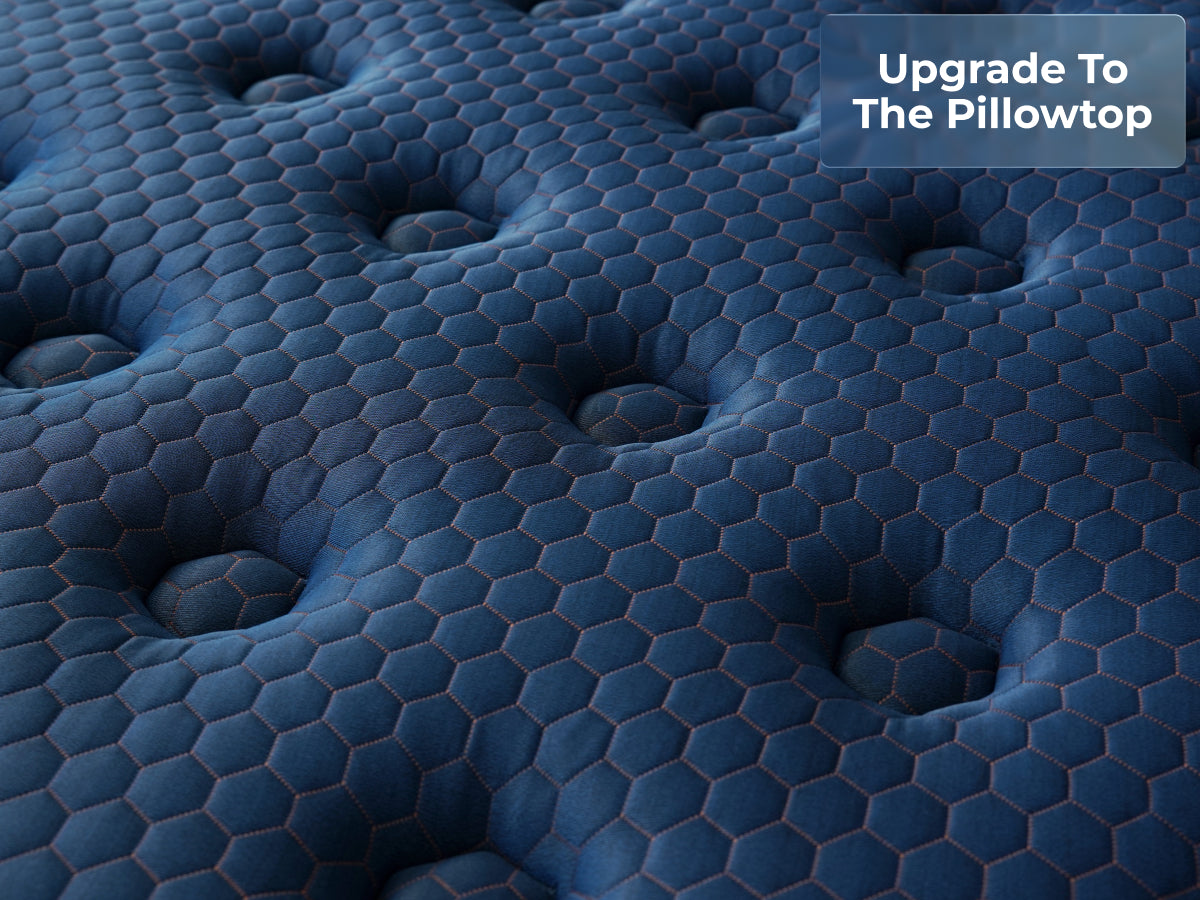 Close-up of the Brooklyn Bedding Aurora Luxe Cooling pillow top surface with a badge reading “Upgrade To The Pillowtop.”