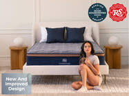 Lifestyle scene with Brooklyn Bedding CopperFlex mattress, badges"New and improved designs" "good housekeeping winner" and "Rolling stone recommended" 