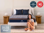  Lifestyle scene with Brooklyn Bedding CopperFlex mattress, badges"New and improved designs" "good housekeeping winner" and "Rolling stone recommended" 