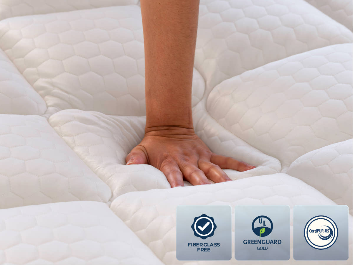 hand press with  Brooklyn Bedding CopperFlex Pro, badges include " fiberglass free" "Greenguard gold" "certipur-us"
