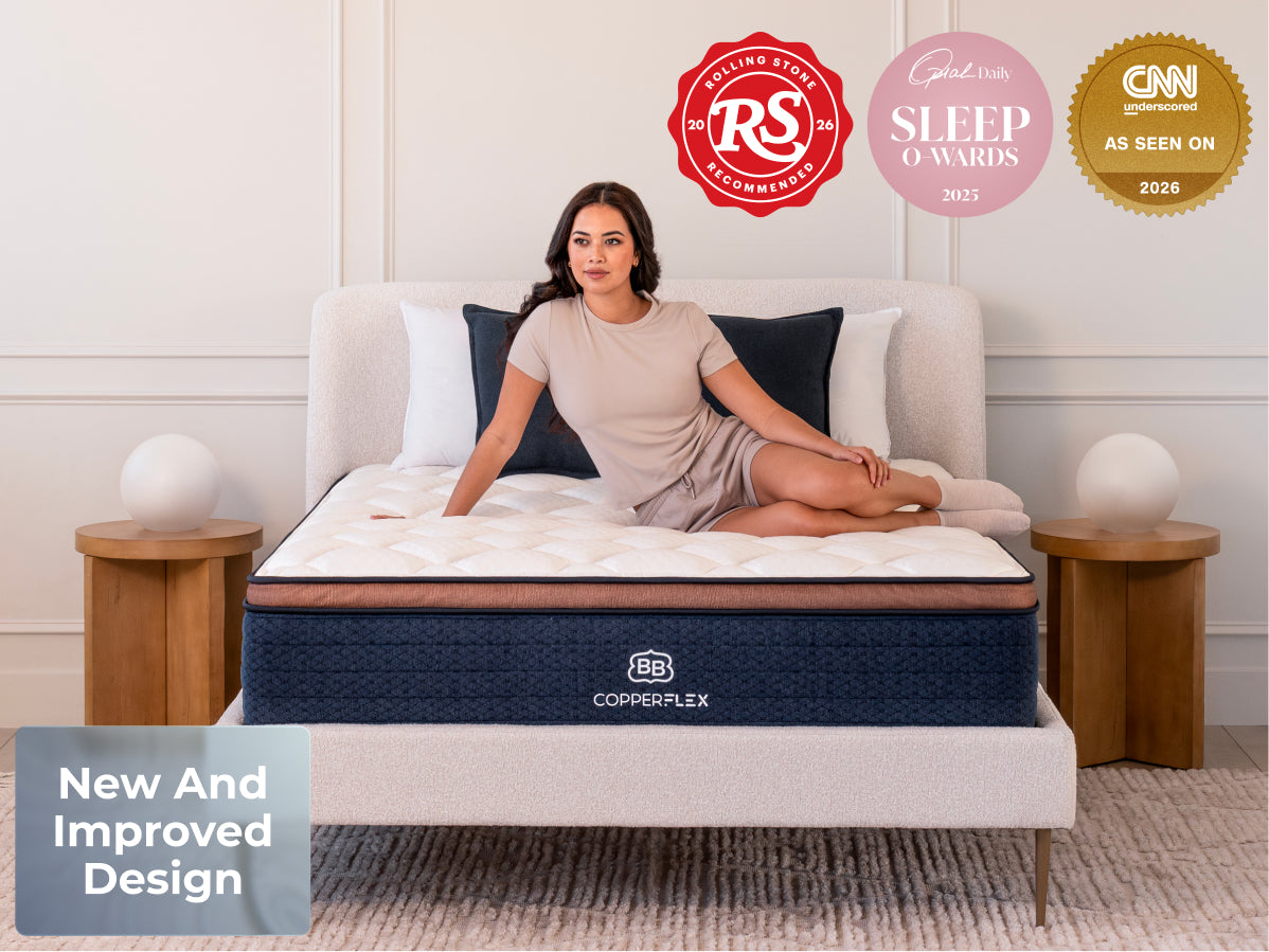  Brooklyn Bedding CopperFlex Pro Lifestyle scene with "New and Improved design" badge, other badges include "rolling stone recommended" "Oprah Daily Sleep O-wards" "CNN Underscored as seen on" 