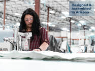  Brooklyn Bedding Dreamfoam Essential in factory lifestyle scene with badge " Designed and assembled in arizona" 