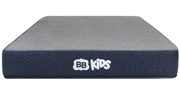 Kid laying on  Brooklyn Bedding Kids Mattress, badges read 