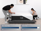 Brooklyn Bedding Plank Firm Luxe mattress with two people pulling back the cover, with firmness graphics labeled “Side 1: Extra Firm” and “Side 2: Firm.”