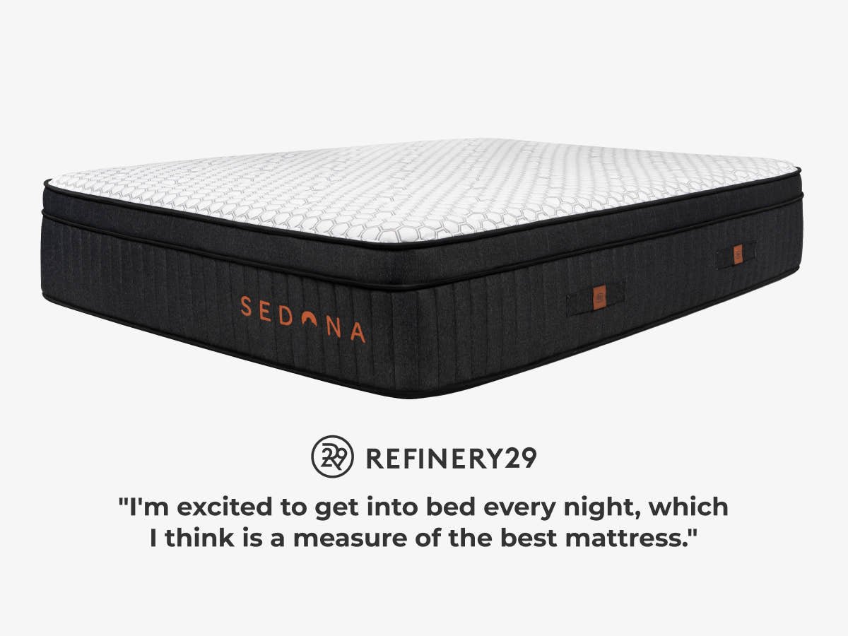 Sedona Elite mattress angled on a light gray background with a Refinery29 quote below.