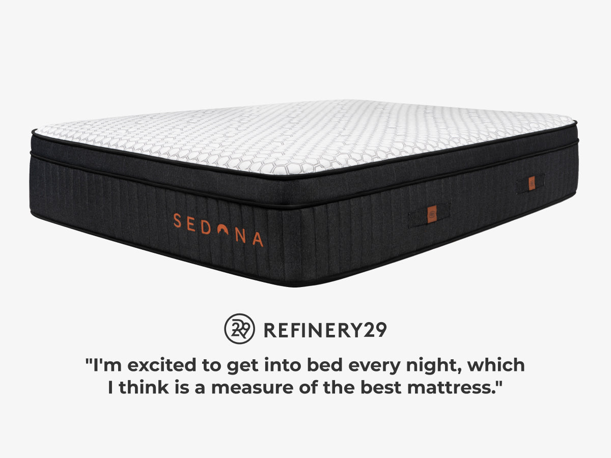 Sedona Elite mattress angled on a light gray background with a Refinery29 quote below.
