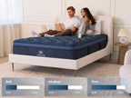 Brooklyn Bedding Signature Hybrid mattress with two people sitting on the bed and firmness badges labeled “Soft,” “Medium,” and “Firm.”