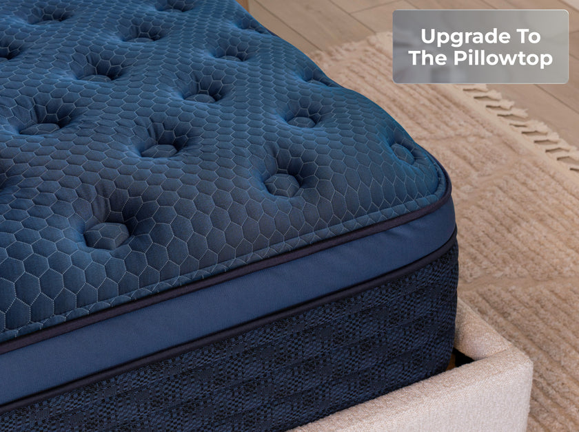 Front-facing studio image of the Brooklyn Bedding Signature Hybrid mattress with pillow top upgrade and Upgrade To The Pillowtop text in the upper right.