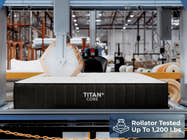  Brooklyn Bedding Titan Plus Core mattress undergoing durability testing on industrial rollator equipment inside a manufacturing facility. Badge reads: "Rollator Tested Up To 1,200 Lbs."