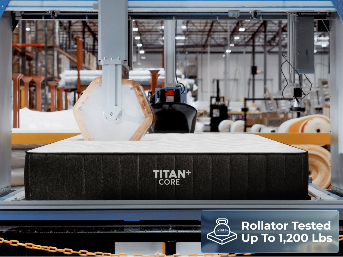  Brooklyn Bedding Titan Plus Core mattress undergoing durability testing on industrial rollator equipment inside a manufacturing facility. Badge reads: "Rollator Tested Up To 1,200 Lbs."