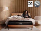 Product shot with two people, Titan Plus Elite mattress with new badge, ACA American Chiropractic association badge
