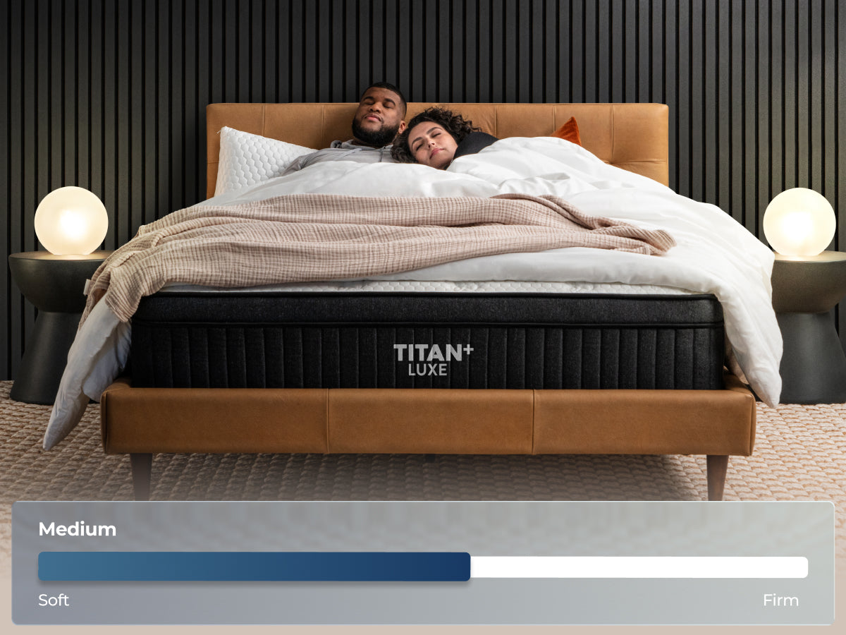 Couple laying on the Titan Plus Luxe, Firmness scale showing medium