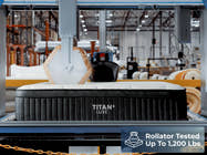 A mattress labeled "TITAN+ LUXE" being tested with a mechanical device in a warehouse setting, with a note indicating it is tested for support up to 1,200 lbs.