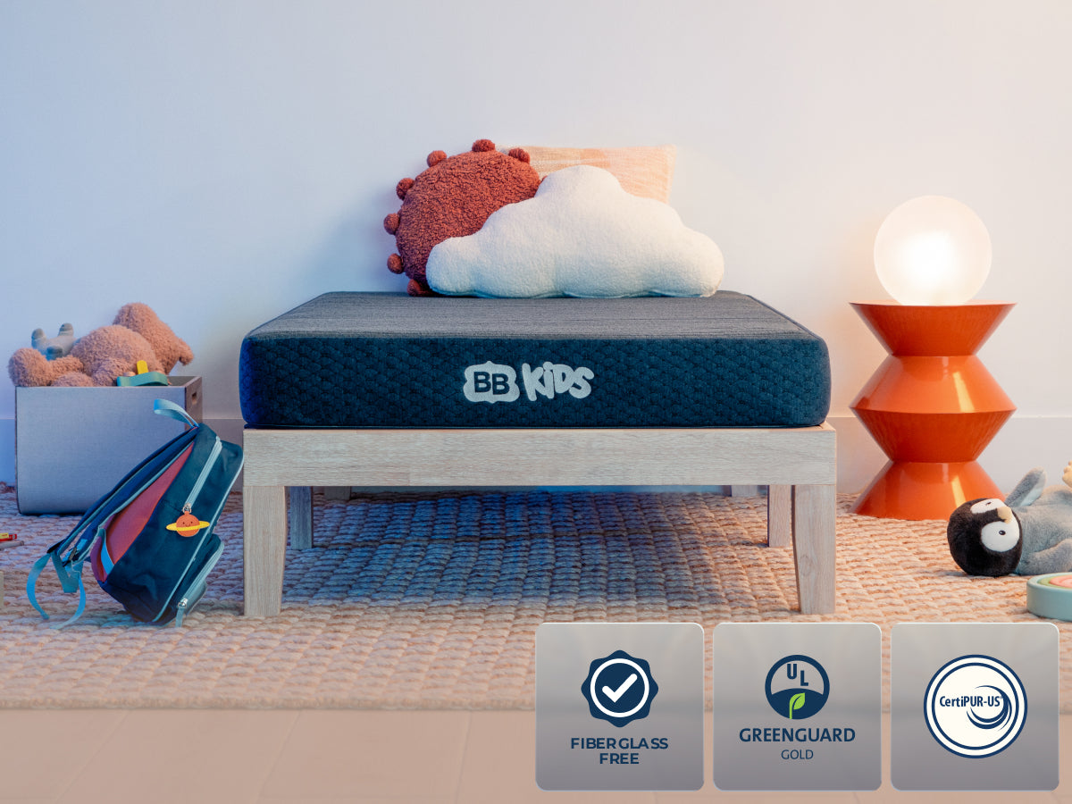  Brooklyn Bedding Kids Mattress bedroom scene with badges " Fiberglass free" "Greenguard Gold" "Certipur-us" 