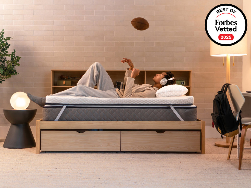 Brooklyn Bedding CopperFlex® 301 Mattress Topper lifestyle bedroom scene with badge " bed of forbes vetted"