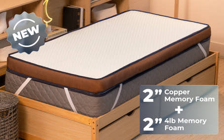 bedroom scene with woman laying on Brooklyn Bedding CopperFlex® 401 Mattress Topper badge says 
