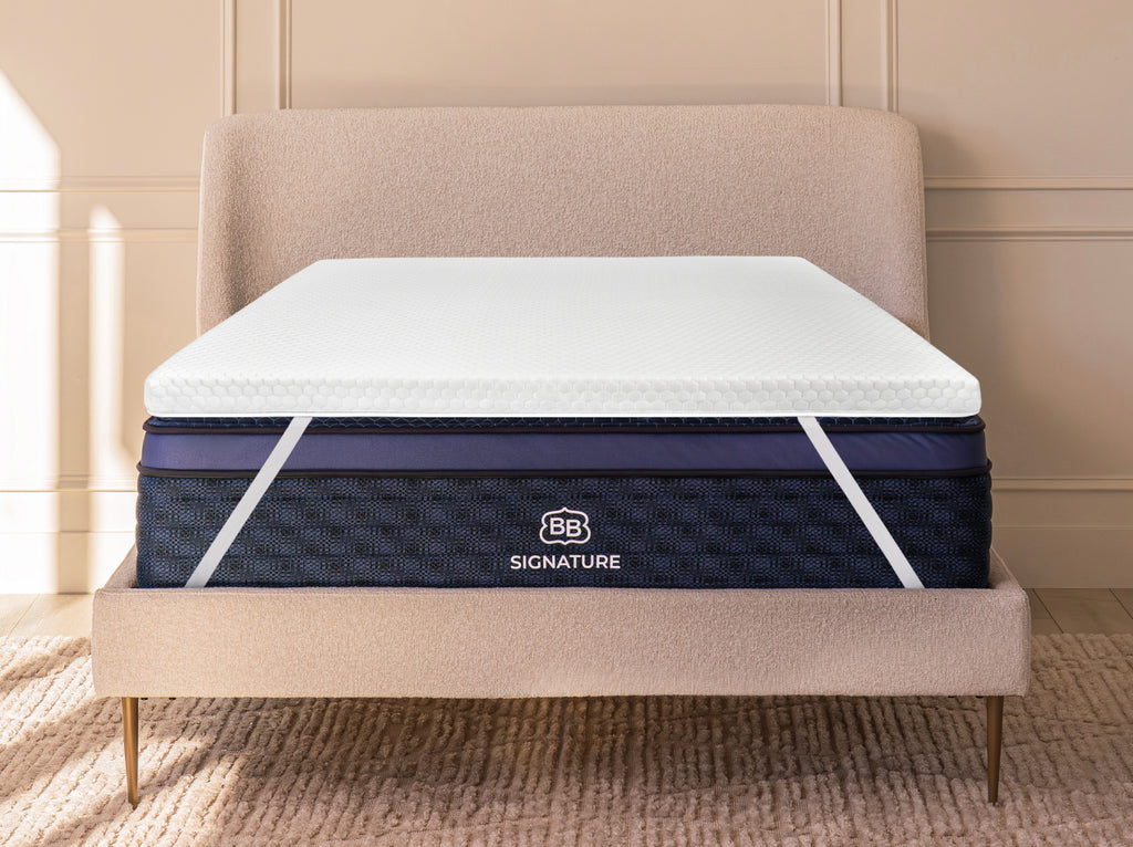 Microcoil Mattress topper placed on a bed with upholstered headboard, showing full fit and elastic corner straps.