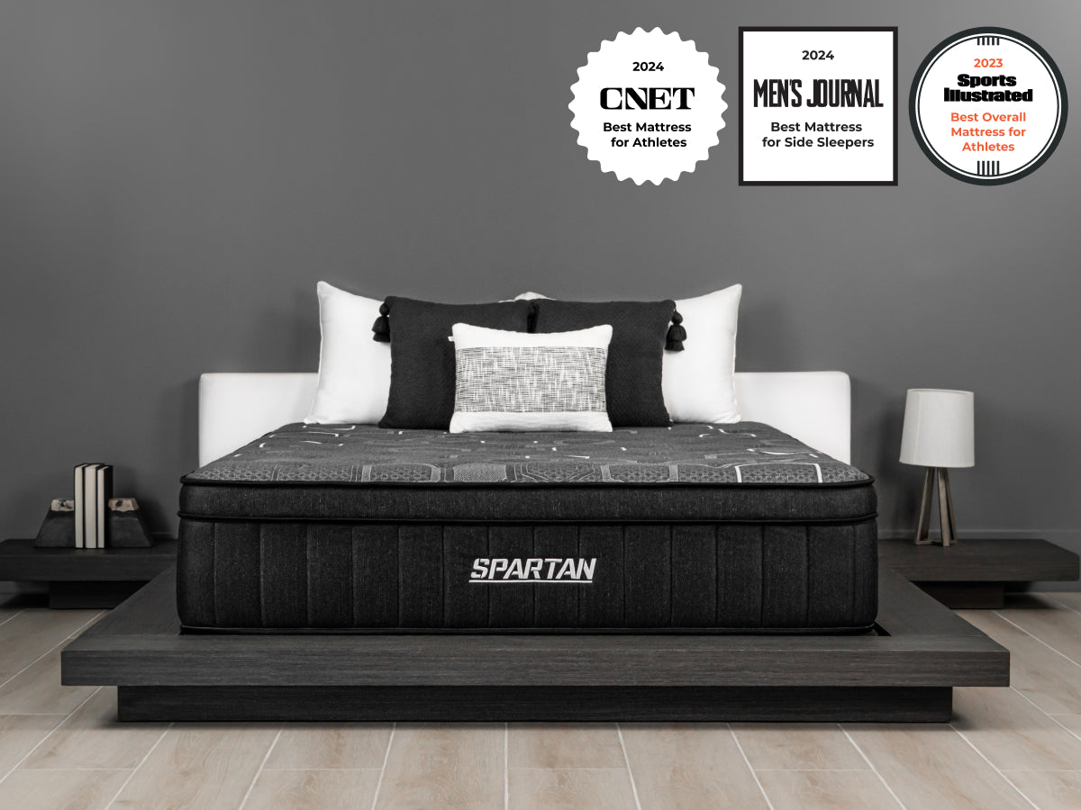 Brooklyn Bedding Spartan Mattress, with badges "cnet best mattress for athletes, Men's Journal best mattress for side sleepers and Sports Illustrated best overall mattress for athletes"