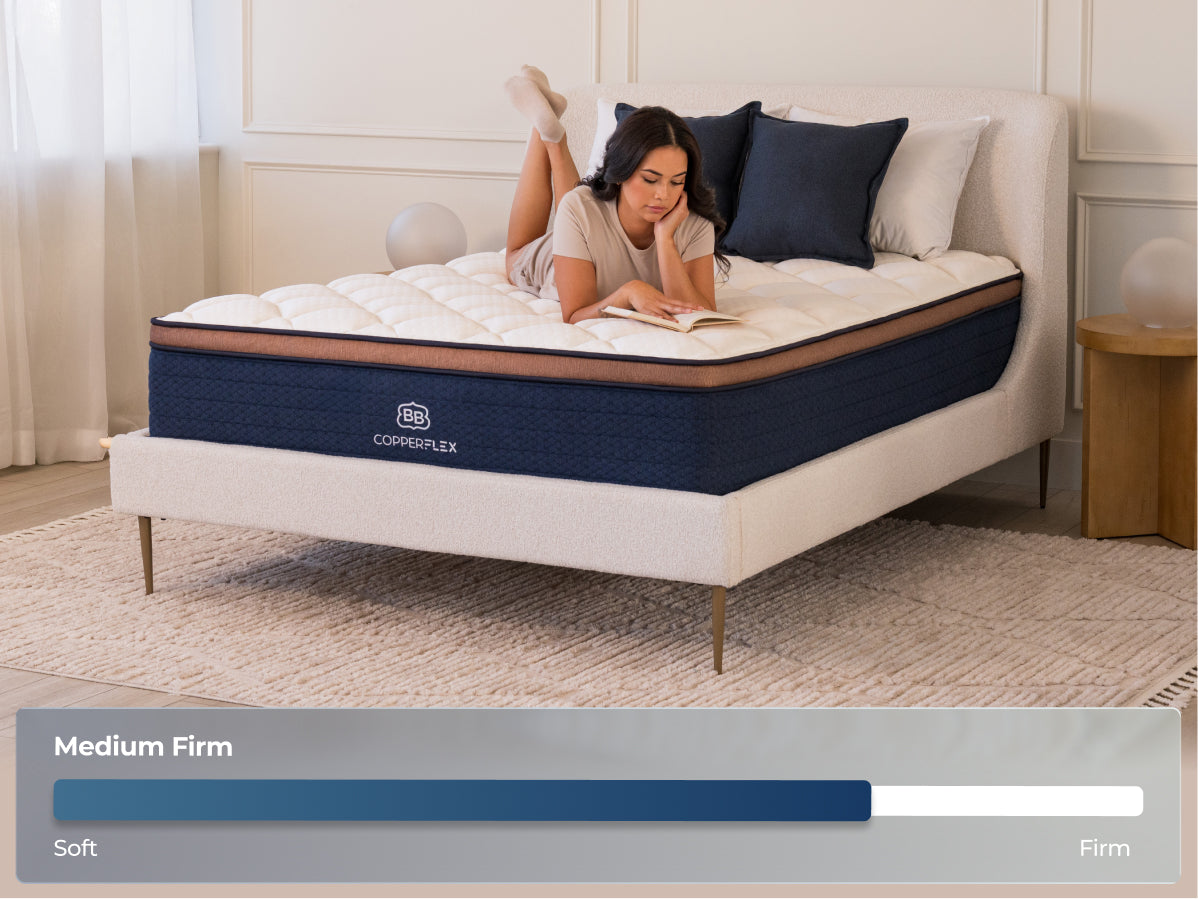 Woman laying on  Brooklyn Bedding CopperFlex Pro with firmness graphic at medium firm