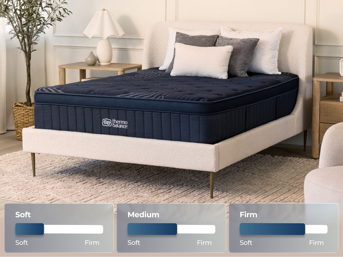 Brooklyn Bedding ThermoBalance Mattress on a cream upholstered bed with firmness graphics labeled “Soft,” “Medium,” and “Firm.”