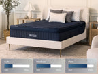 Brooklyn Bedding ThermoBalance Mattress on a cream upholstered bed with firmness graphics labeled “Soft,” “Medium,” and “Firm.”