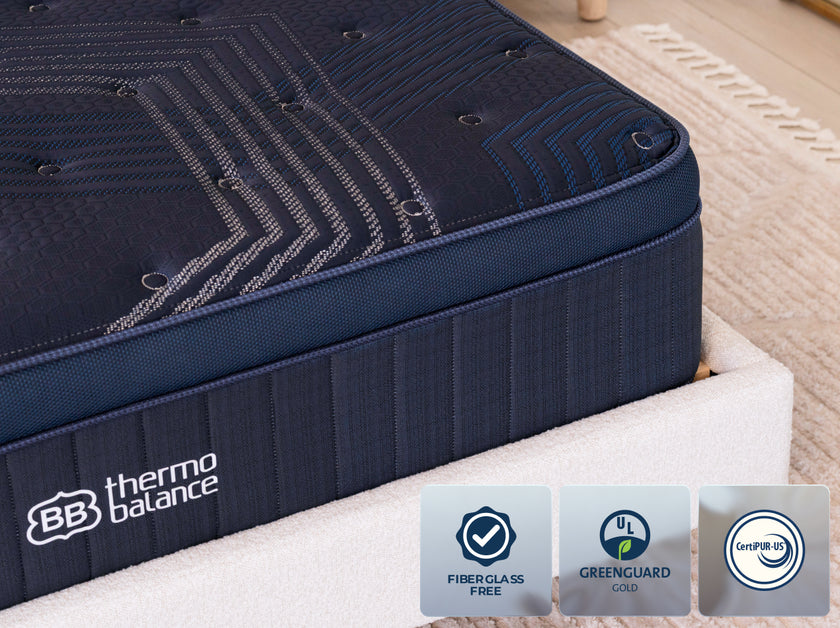 ThermoBalance mattress corner with safety certification icons