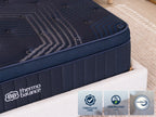 Brooklyn Bedding ThermoBalance Mattress corner close-up with badges reading “Fiberglass Free,” “GREENGUARD Gold,” and “CertiPUR-US.”
