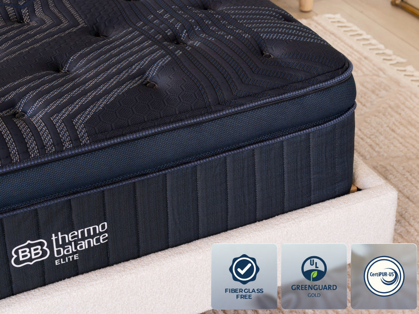 Close-up of the dark blue mattress corner. Badges overlay: "Fiberglass Free," "Greenguard Gold," and "CertiPUR-US."